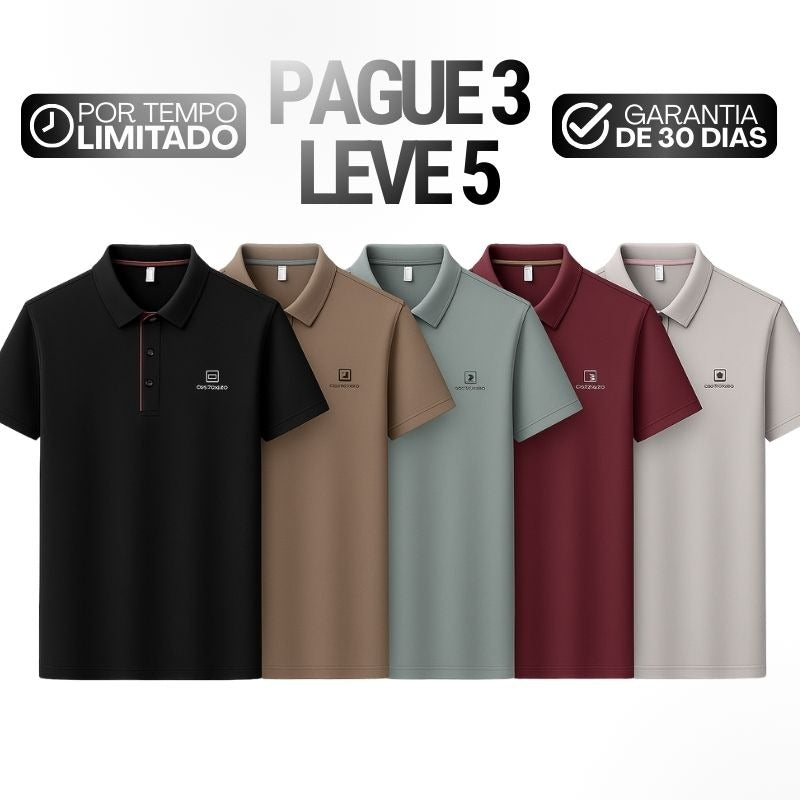 [Leve 5, Pague Só 3] Kit de Camisas Polo Masculinas Valder Premium em Seda Mulberry, Poliéster e Elastano - Pré Black Friday🔥